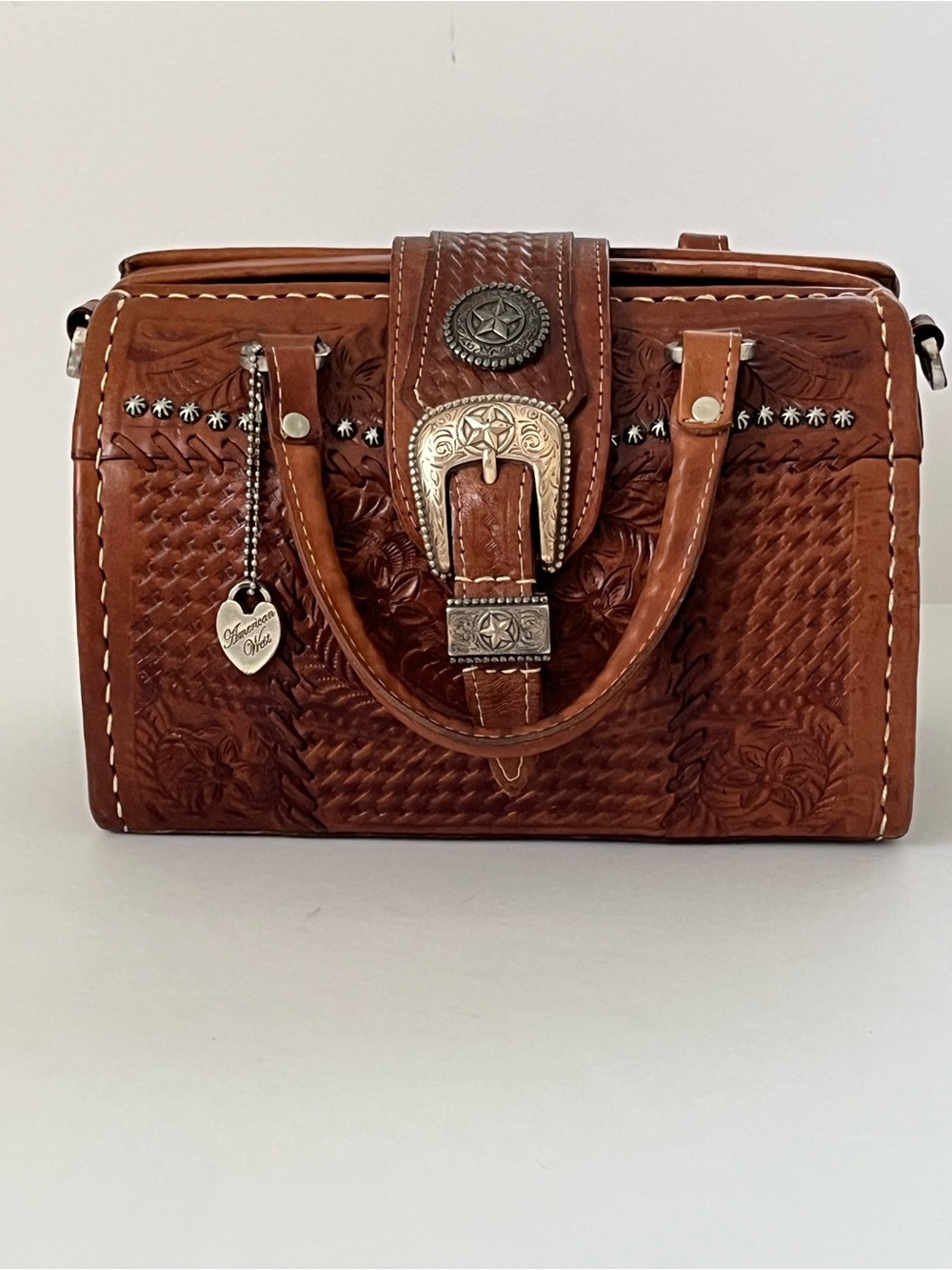 American West Vintage Hand-tooled Brown Leather Doctor-style Crossbody Satchel